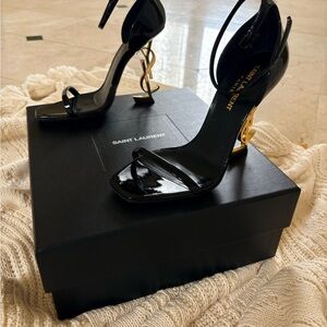 Saint Laurent Black Patent Heels with Gold Detail